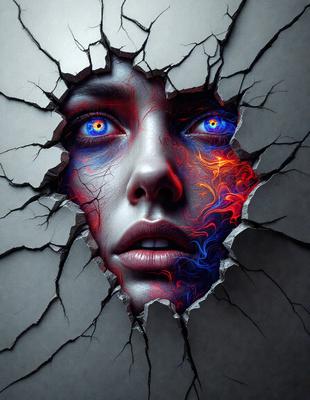 The primary subject of the image is a woman with blue eyes and red hair. She is depicted with a mix of red and blue colors, giving her a unique and striking appearance. The setting is a broken wall, which adds an element of danger and intrigue to the scene. The visual style of the image is a combination of digital art and illustration, creating a surreal and captivating atmosphere. The colors and mood of the image are bold and intense, with the red and blue hues evoking a sense of passion